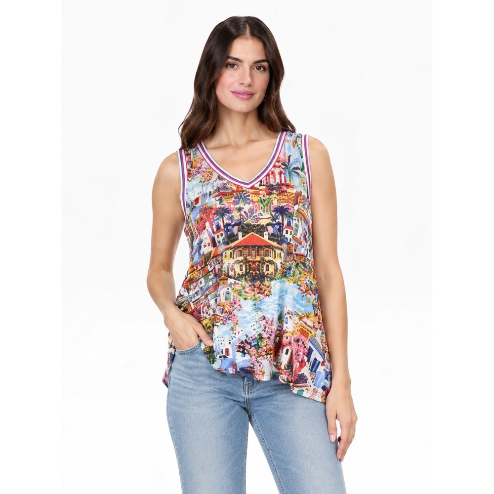 Johnny Was Janie Favorite Swing Tank Cannes Scenic Coastal Print V Neck Top